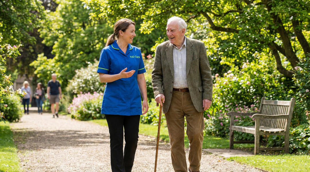 Carer and elderly person enjoying conversation together