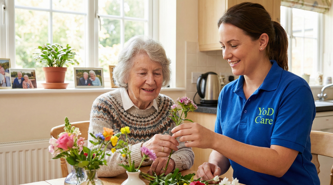 Person with dementia engaged in meaningful activity with trained carer