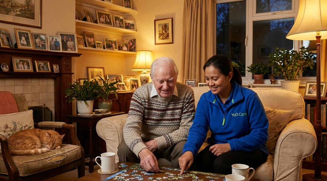 Live-in carer and elderly person in comfortable living room showing established relationship