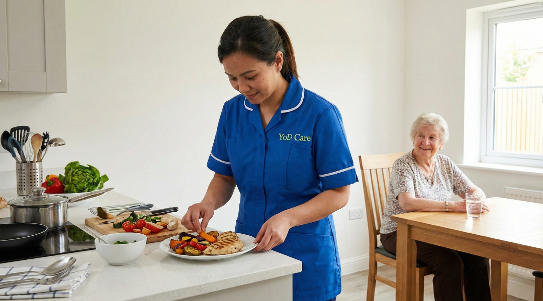Professional carer preparing nutritious meal in home kitchen