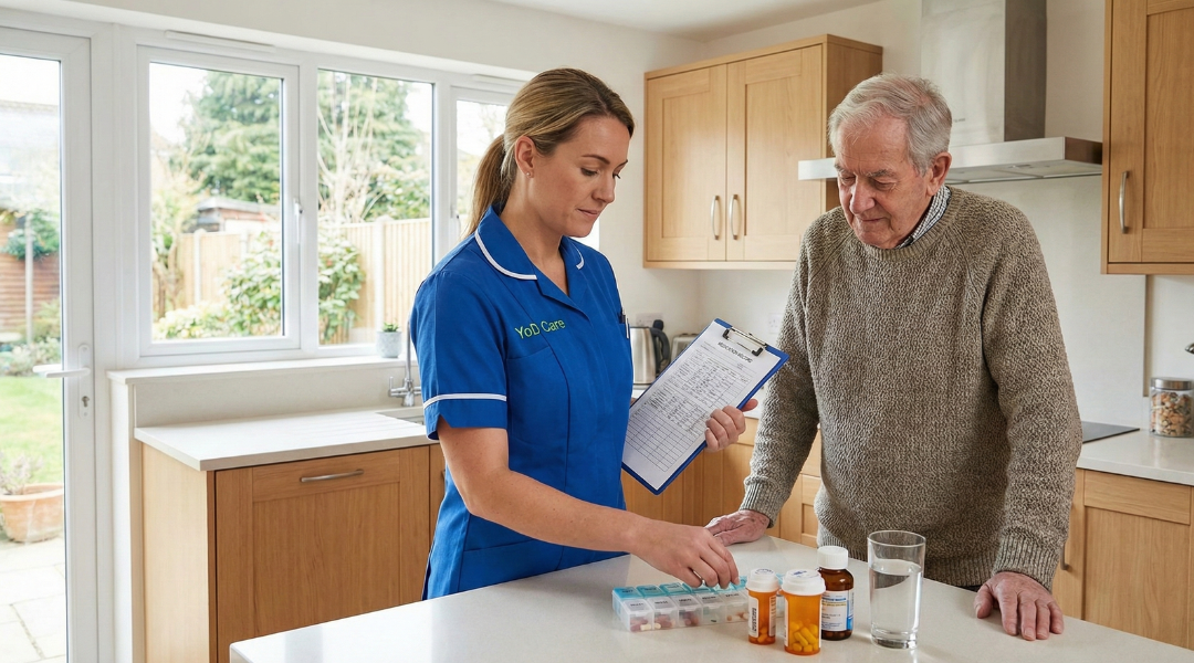 Organized medication system with professional carer checking medications