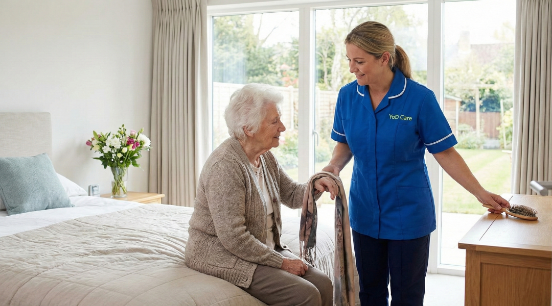 Professional carer helping elderly person in their home