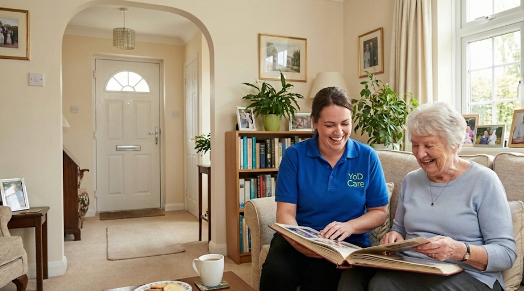 Family carer enjoying personal time while professional carer provides care